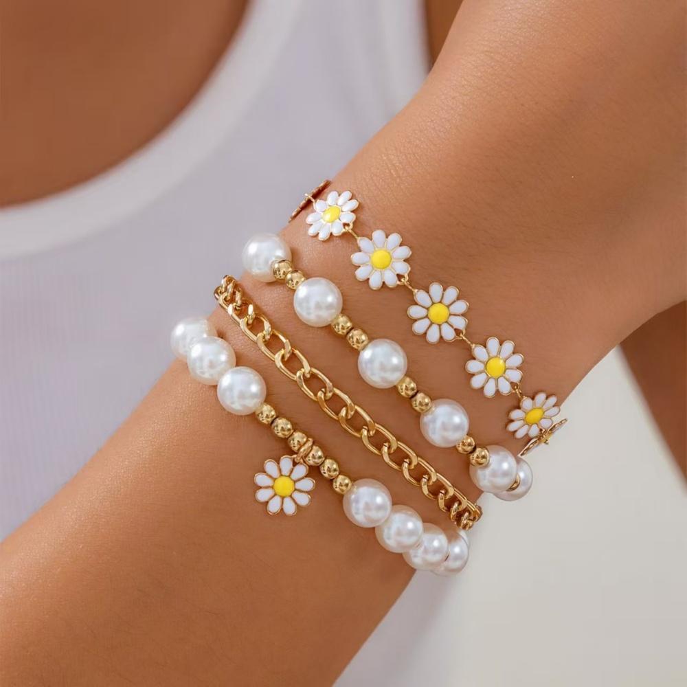 Zircon Jewelry Set Lightweight Pearl Heart Bracelet Gold Color Jewelry  Daisy Flower Bracelet For Gifts For Women Parties