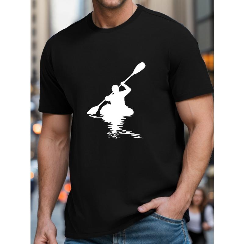 European Size Men's Kayaking Silhouette Print Short Sleeve T-shirt, Summer T-shirt Top
