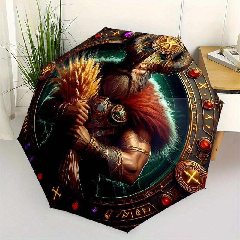 Viking Warrior Wall Art Decor, Norse Mythology Poster with Shield and Sword Umbrella, Cute Umbrella with Cute Design, Portable 3-Fold Compact Umbrella