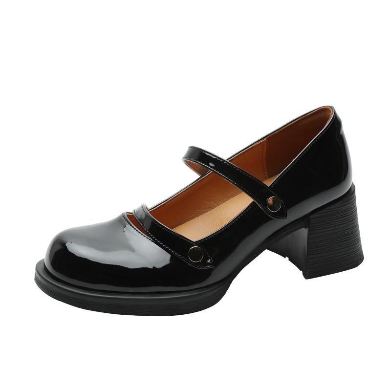 French High-heeled Mary Jane Shoes Women's Spring and Autumn Round Head with Thick Heel Single Shoes Retro Light Mouth Black Small Leather Shoes