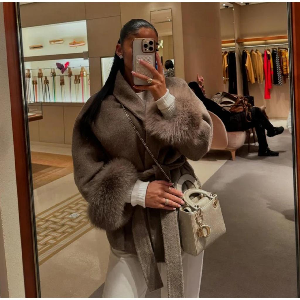 VAYLA Chic Lapel Plush Coat With Belt Women Vintage Solid Faux Fur Sleeve Tweed Open Coats Female Autumn Casual Street Outwear