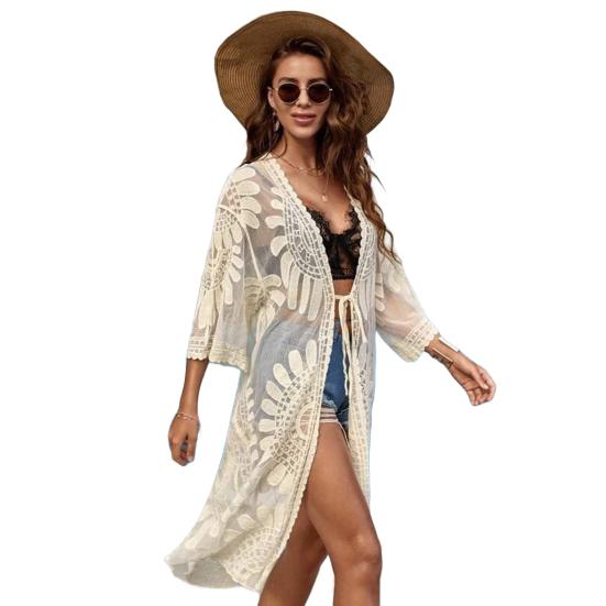 Beach Cardigan Embroidery Floral Lace Design Lightweight Summer Crochet See-through Sun Protection Beach Bikini Cover-Up