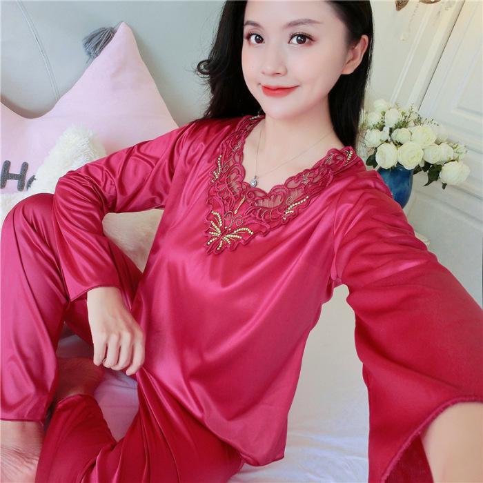GMXIA Spring and Autumn Thin Ice Silk Pajamas for Women, Long-sleeved Lace for Summer, Smooth and Sexy Two-piece Set Home Wear for Women