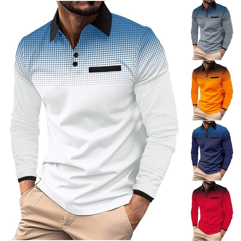 Autumn Men's Long Sleeved Polo Shirt with Printed Polka Dot Collar Sports Top