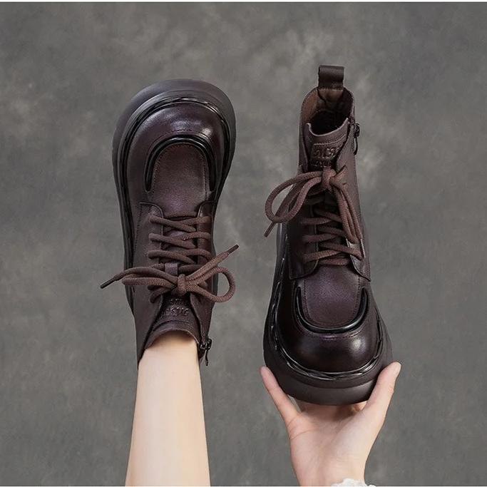 Johnature Genuine Leather Thick Soled Ankle Boots Retro Round Toe Side Zipper Women's Short Boots