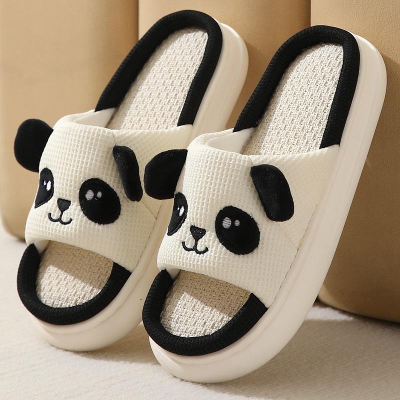 Cute Panda Four Seasons Household PVC Soft Bottom Couple Cartoon Cotton Linen Slippers