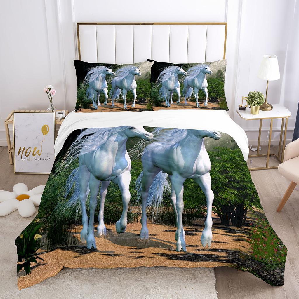 Einhorn-Bettbezug-Set, weißes Pferd mit Flügel, 3D-Druck, Kingsize, Polyester, Bettbezug für Kinder, Bettwäsche-Set mit Kissenbezug