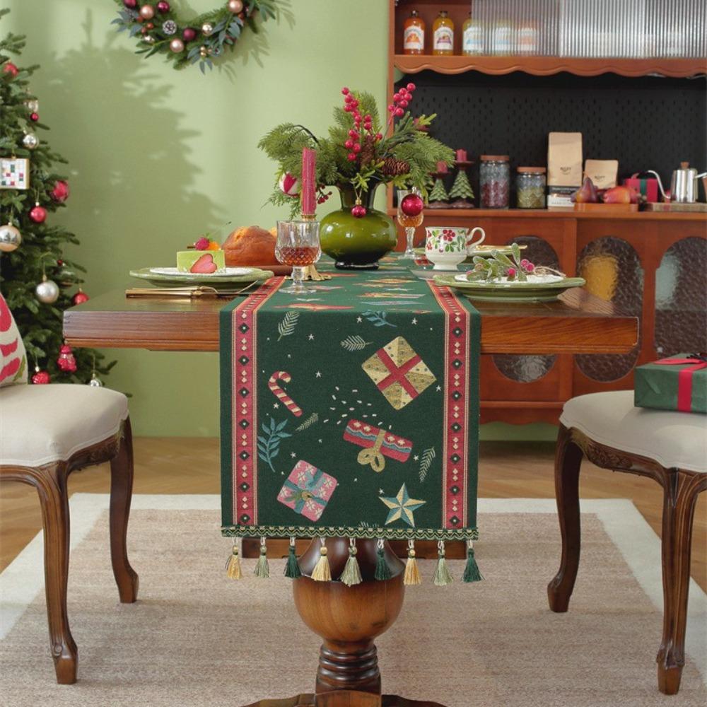 Christmas Snowman Jacquard Table Runner with Fringe Polyester Home Decor Tablecloth Bedspread