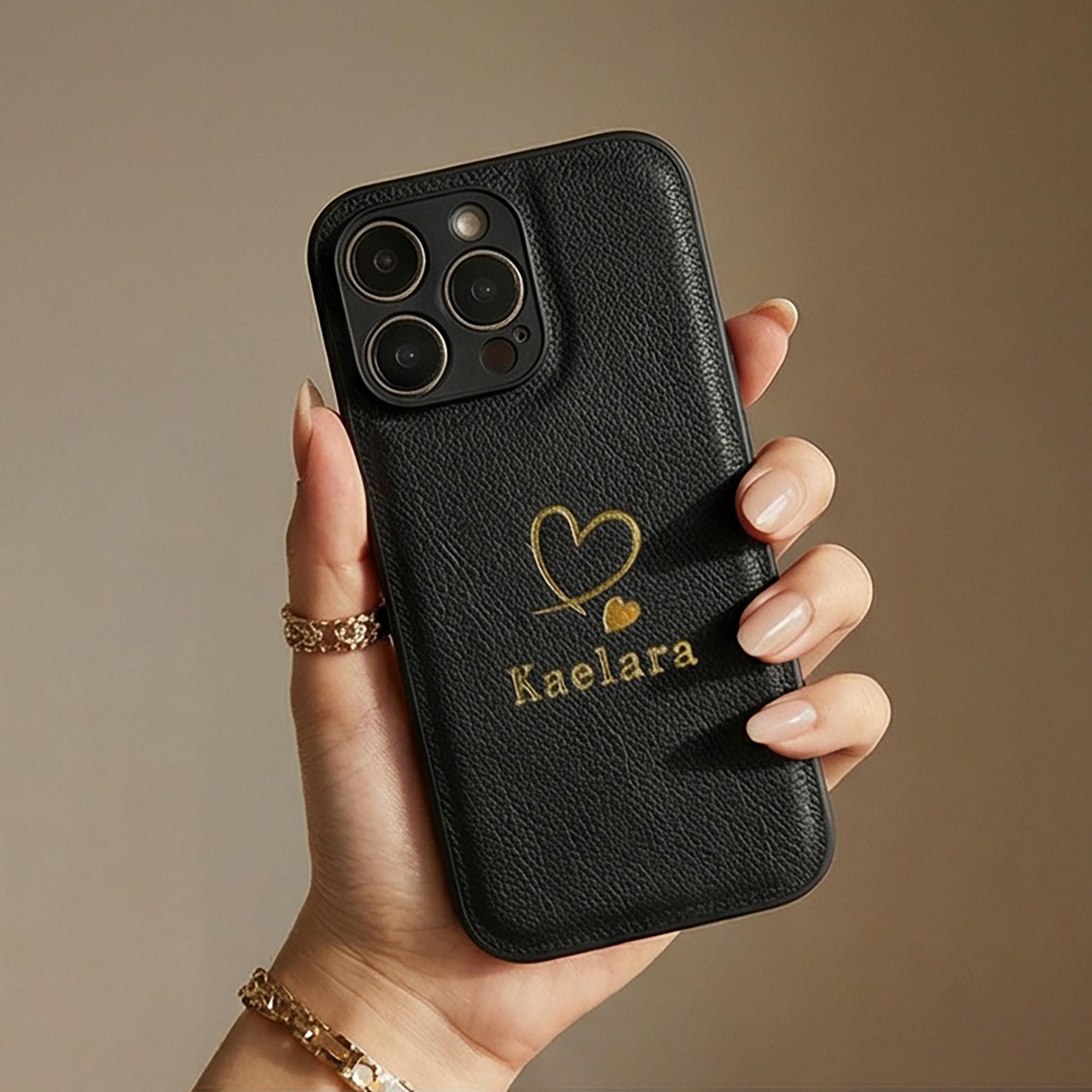 

Custom Name Faux Leather Case for iPhone 17 16 15 14 13 Pro Max Plus Air Personalized Hot Gold Foil Engraved Heart Letter For iPhone 13
