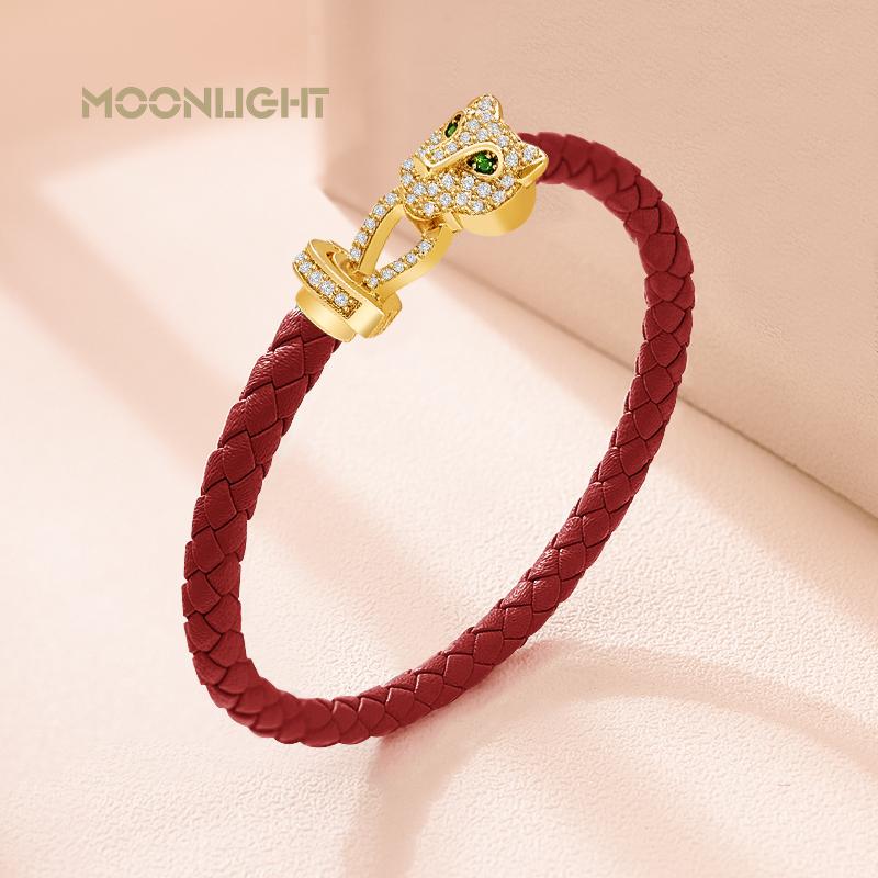 MOONLIGHT Classic Design Exquisite Cheetah Zircon Bracelet for Women Braided Leather Bracelet Quality Banquet Couples Gift