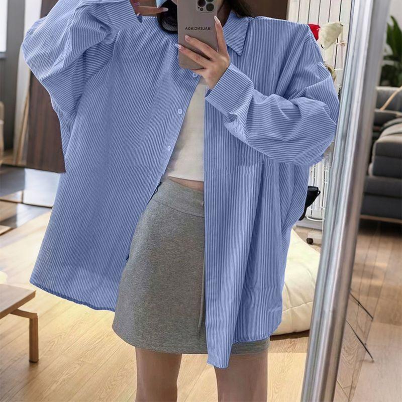 

and American Foreign Trade Women clothes Autumn and Winter Amazon Independent Station Leisure Vacation Senior Stripe Long sleeve Shirts Female Denim Blue XL