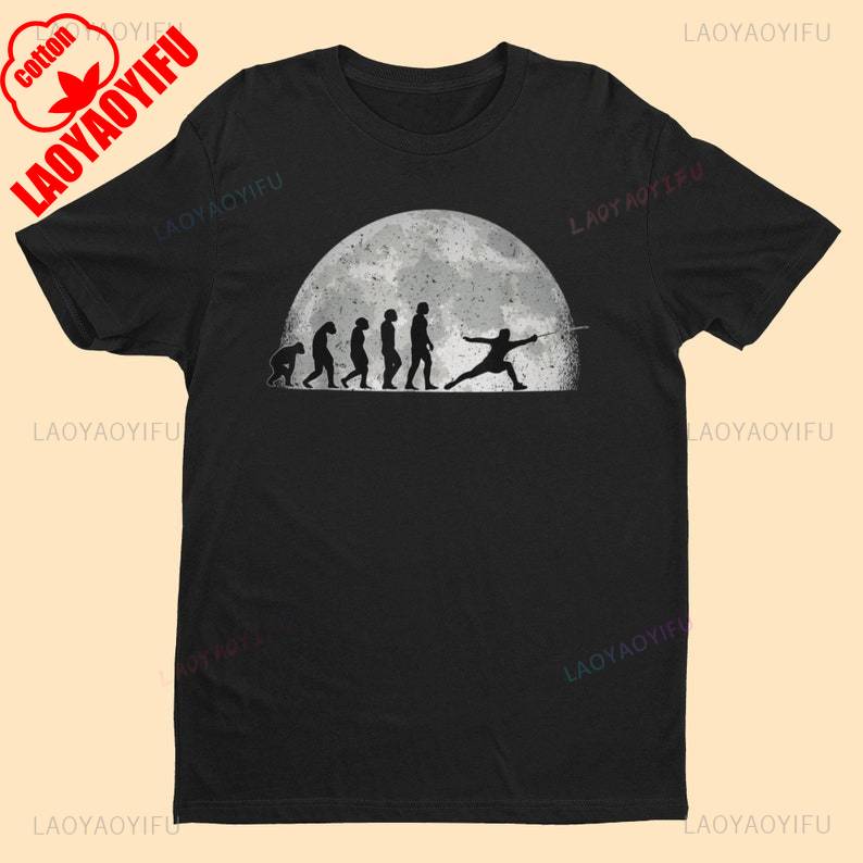 Evolution of The Sword Fencer T Shirt From Ape Through Prehistoric Man To Fencer Fencing In The Moonlight Graphic T Shirts Tees