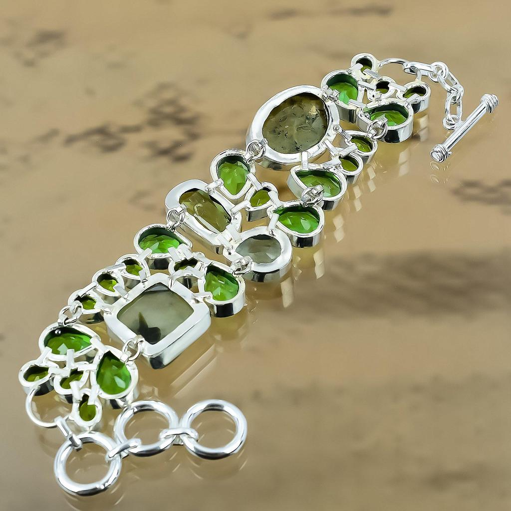 Birthday Gift For Her Natural Moss Prehnite Chain Adjustable Bracelet 925 Silver