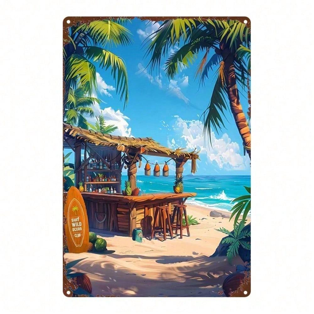 1 Stück 2D Flaches Metallschild Tropischer Surf Strandbar Wandkunst Vintage Ozean Thema Haus Garten Hütte Badezimmer Dekor 8x12 Zoll Raum