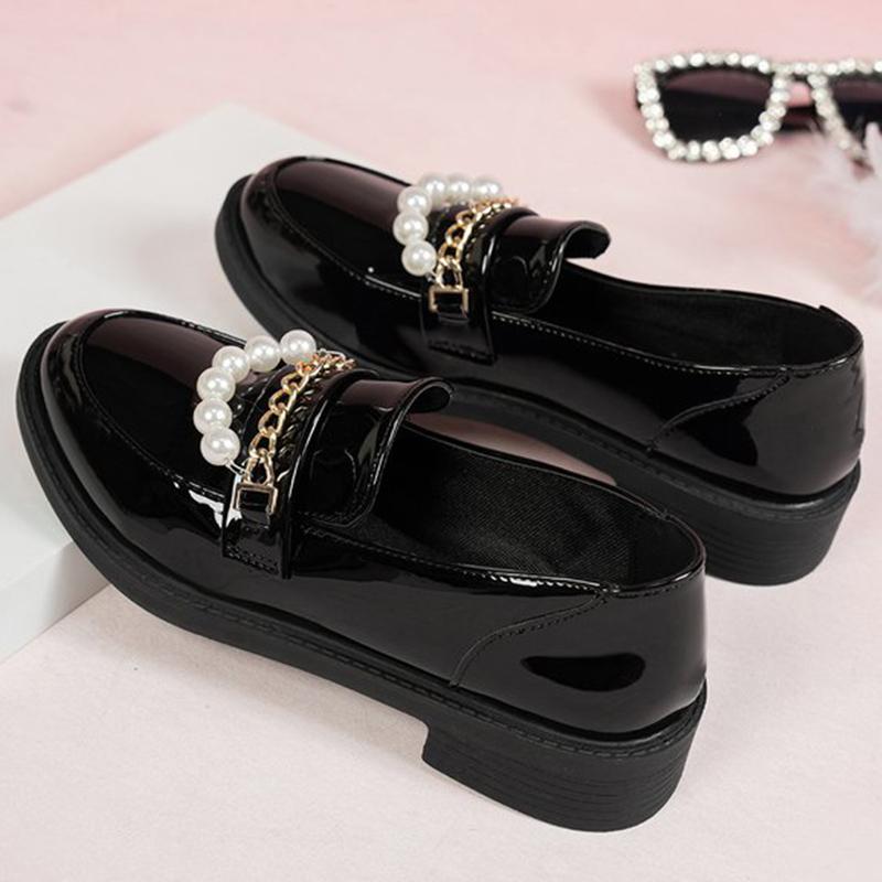 Mode Damen Slipper Perle Metallkette Damenschuhe Frühling Herbst Schwarz Plateau Schuhe Damen Mode PU Leder Freizeitschuhe Slipper