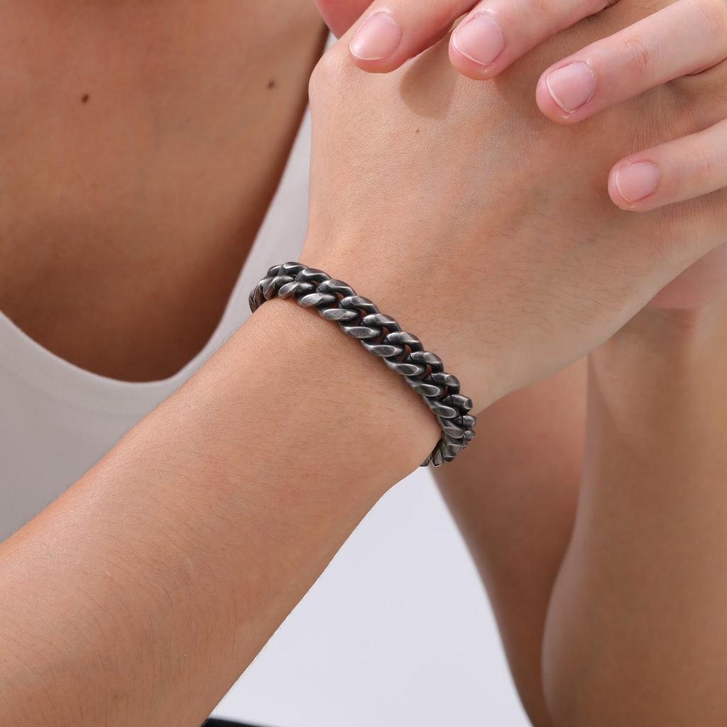 Retro Bransoletki Męskie Łańcuch Kubański, Vintage Antyczna Stal Nierdzewna Płaski Ogniwo Kopułowe, Rock Punk Stylowe Prezenty z Cyrkoniami