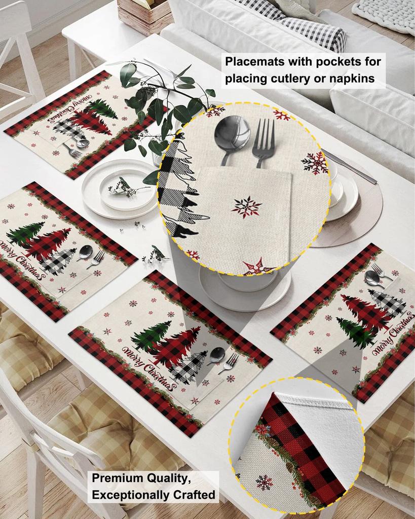 Christmas Tree Buffalo Plaid Placemats Set of 5 Christmas Placemats  Place Mats for Dinner Kitchen Table Party Home Decoration