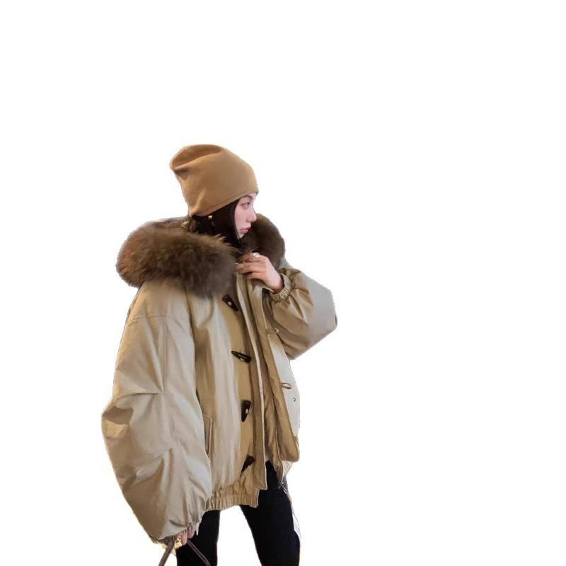 Fur collar down cotton-padded clothes for women overcome winter new cotton-padded clothes thickened warm horn buckle hooded jacket