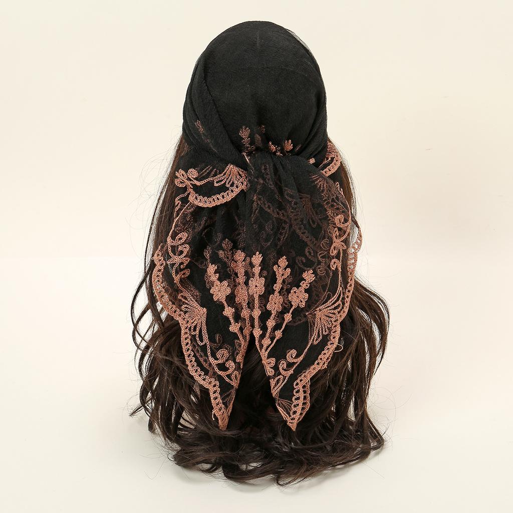 Modegarn Quadratischer Schal Blumenstickerei Spitze Stirnband Sommer Atmungsaktiges Bandana Für Frauen Eleganter Turban Haarwickel 80*80cm