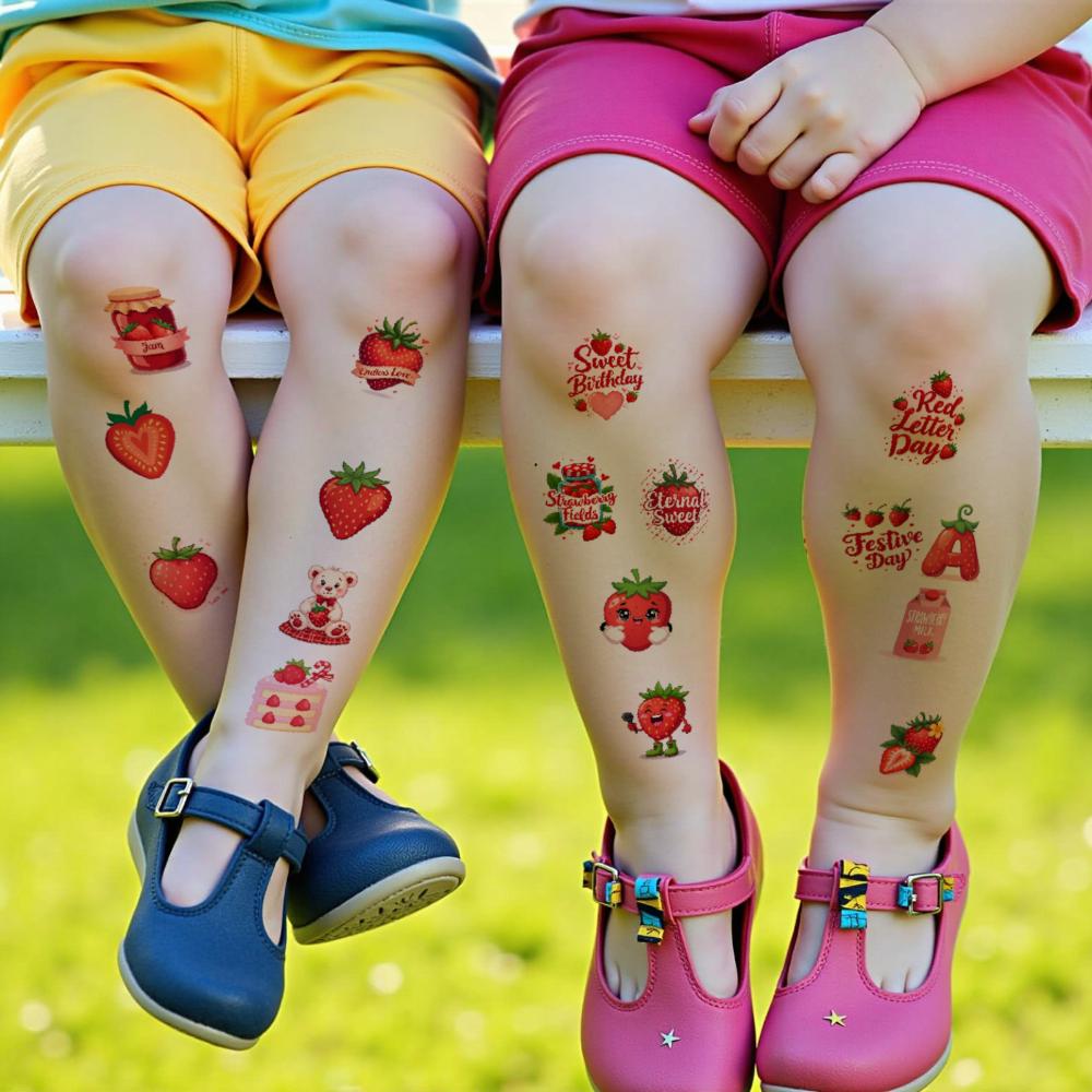 63pcs Temporary Tattoo Dessert Illustrations Cartoon Nature Decals Strawberry Stickers Waterproof Long-lasting Body Stickers For
