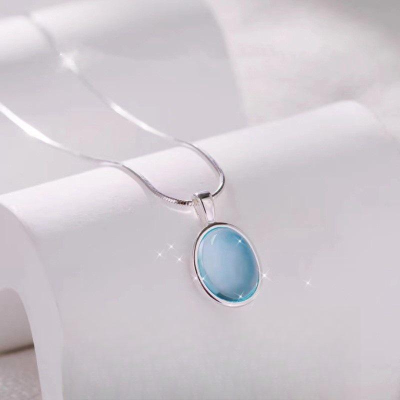High-End S925 Sterling Silver Natural Aquamarine Oval Pendant Necklace for Women