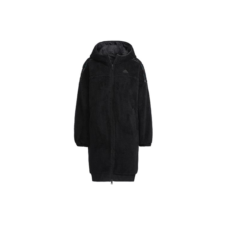Adidas Damska Polarowa Jednokolorowa Ciepła Dwustronna Kurtka z Kapturem Średniej Długości Damskie kurtki Czarna H09701