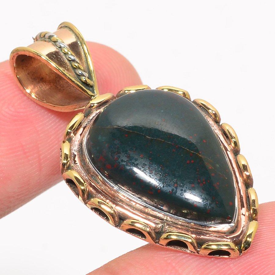Natural Bloodstone Gemstone TwoTone 925 Solid Sterling Silver Pendant 1.50" r0t48