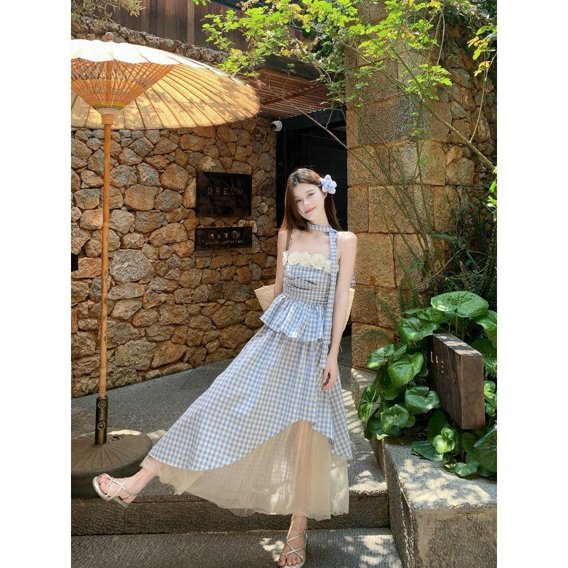 Kumikumi Sweet Style Three-Dimensional Flowers Cami Women Summer High Waist Mesh Patchwork Skirt Two-piece Set