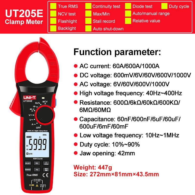 

UNI-T True RMS Digital Clamp Meter UT207B UT208B AC DC Current 1000A 1000V Pliers ammeter LPF 6000 Count amperimetric clamp