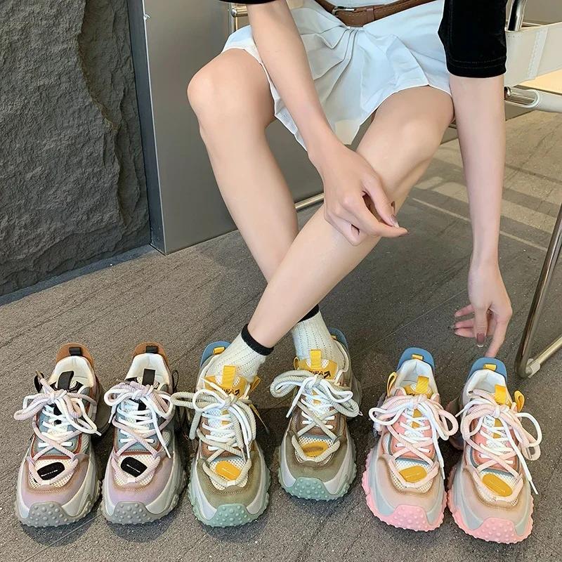 Chaussures Classiques de Luxe pour Femmes Baskets Décontractées pour Femmes Baskets Épaisses Cambrées Escarpins à Talon Moyen Chaussures en Mesh Respirant