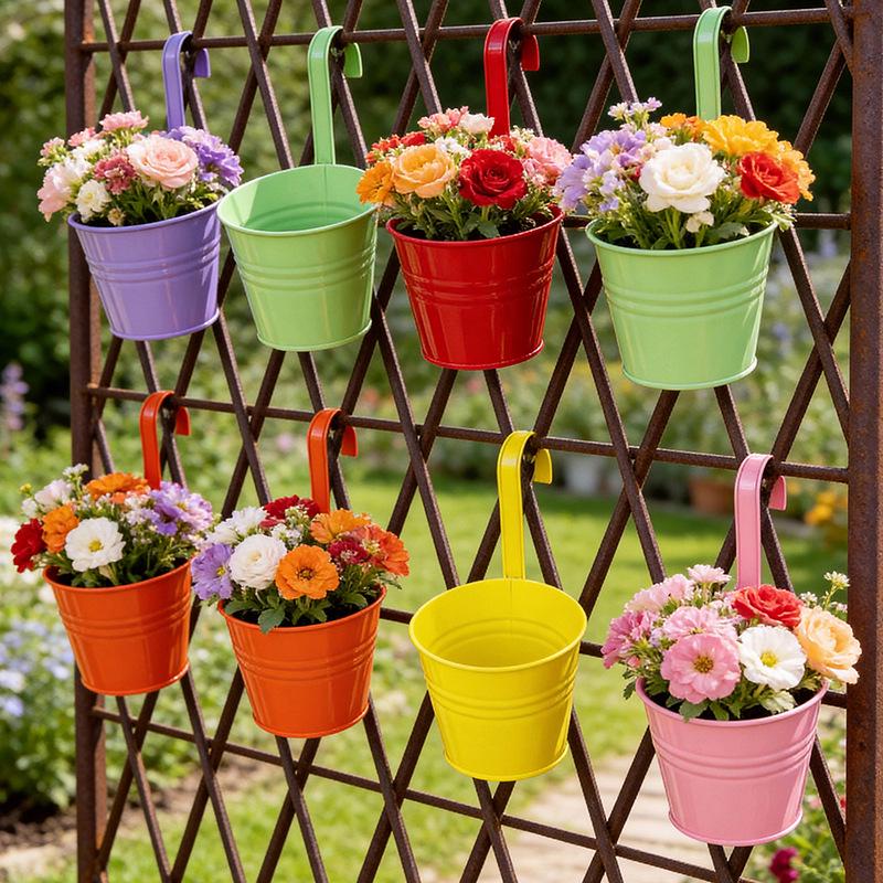 Hanging Tin Flower Pot with Detachable Hook for Courtyard or Fence