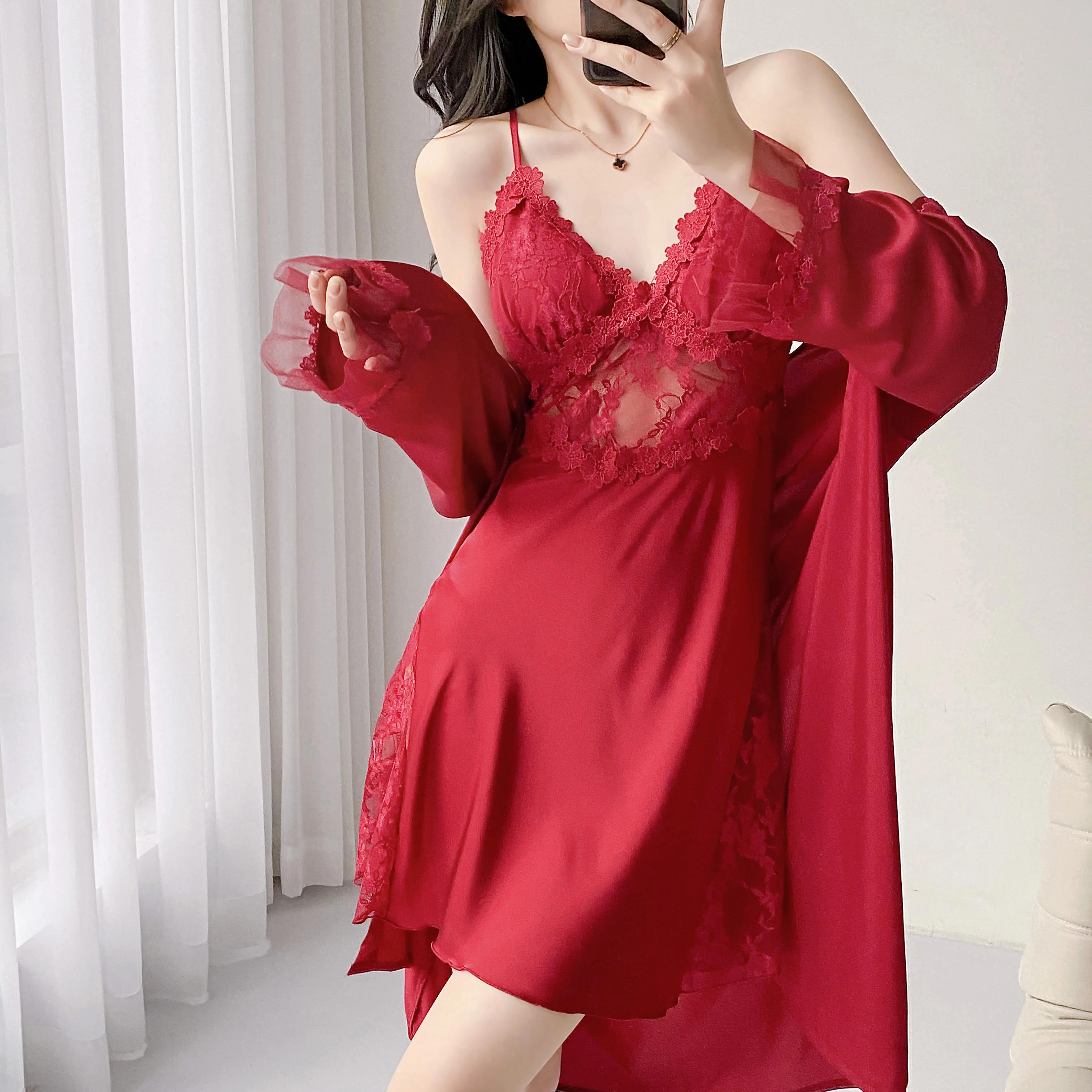 

Шелковые халаты для женщин, сексуальное кружевное белье с глубоким V-образным вырезом и открытой спиной, комплект пижамы с подкладкой и поясом для завязывания для дома M