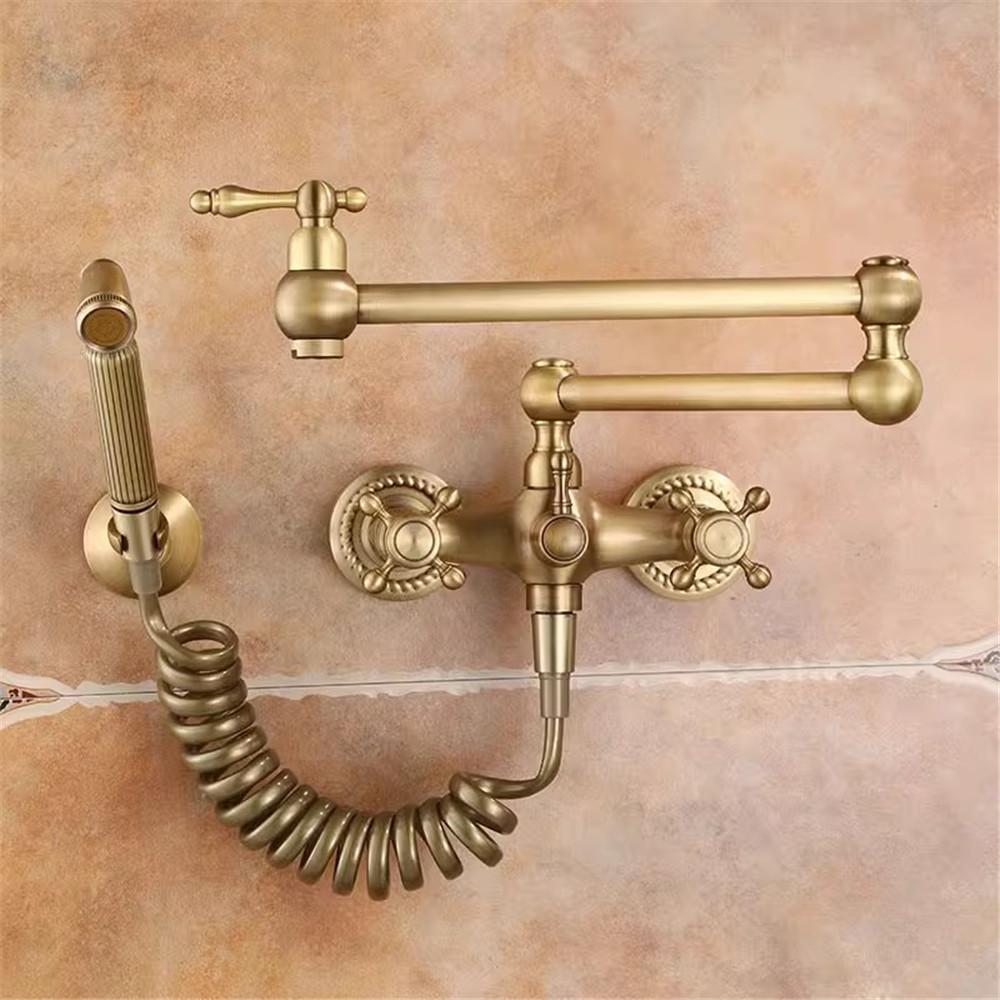 Antique Bronze Pot Filler Tap Wall Mounted Foldable Kitchen Faucet Hot and Cold Single Hole Sink Tap Rotate Folding Spout Brass