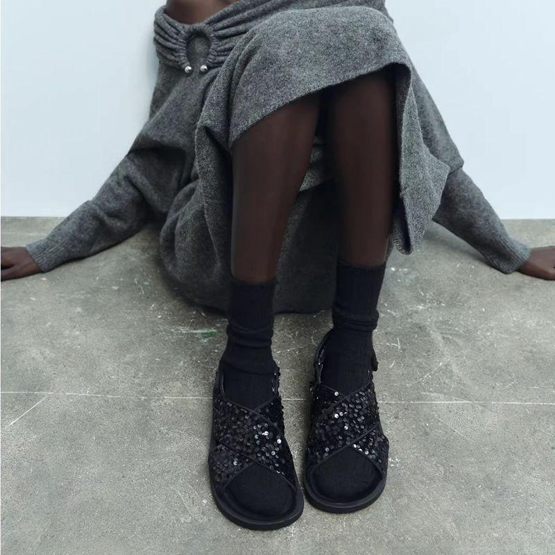 ZA Shoes New Black Beaded Flat Sandals Thick-soled Seaside Vacation Wind Beach Shoes Small Man