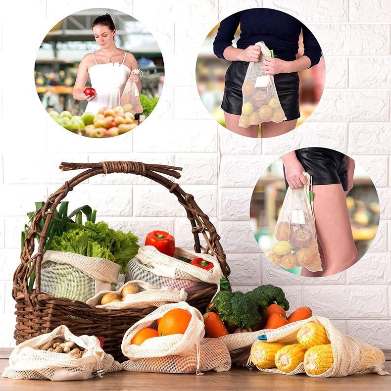 Eco-friendly Pure Cotton Mesh Drawstring Bag for Fruit & Vegetables