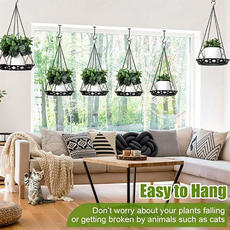 Round Hanging Flower Basket with Top Hook and Black Frame, Indoor Balcony Window Holder for Home Plant Pot Display
