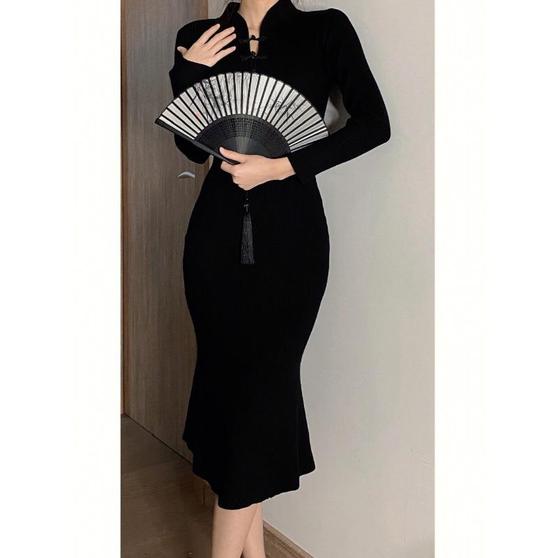 Retro Black Knitted Gentle and Light Royal Sister Dress Niche Design Slim and Thin Temperament