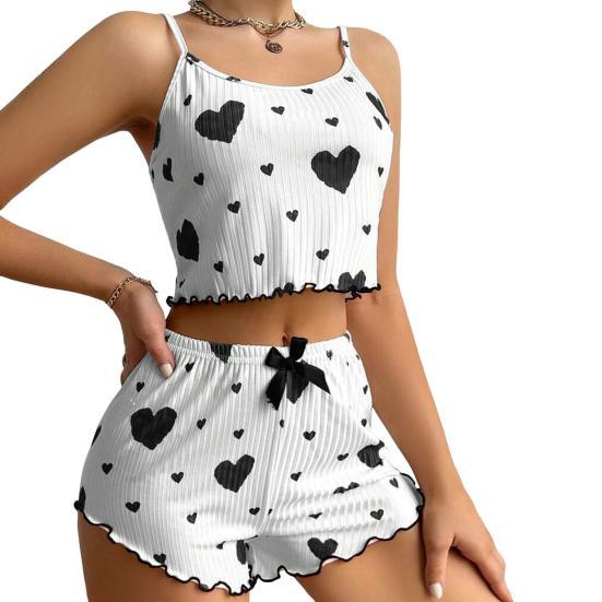 2 Pcs/Set Women Summer Pajamas Suit Adjustable Strap Sleeveless Heart Print Crop Top Shirring Edge High Waist Shorts Bedroom Sleepwear Set EMA