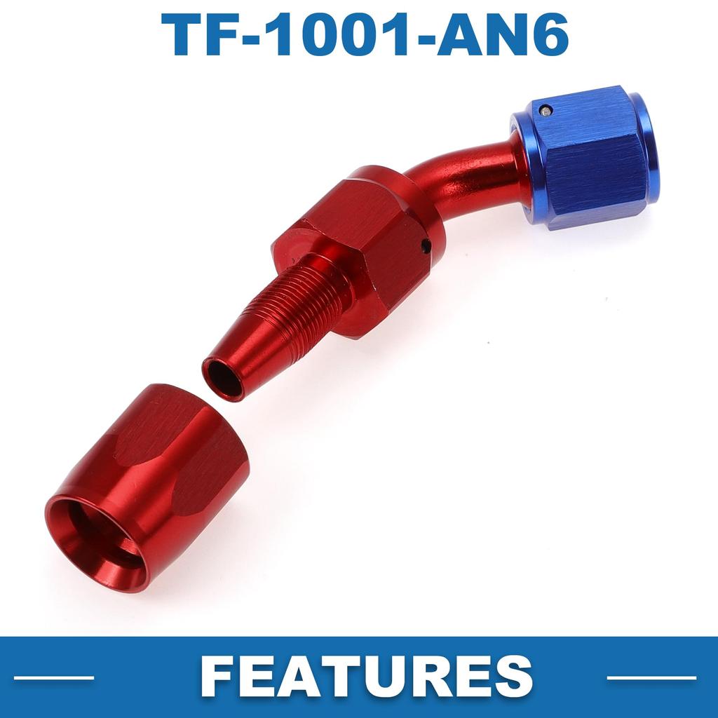 A ABSOPRO Female Flare Reducer Hose Fitting Adapter TF-1001-AN6 45° Fuel Line Connector with Aluminum O-Ring Red, Blue