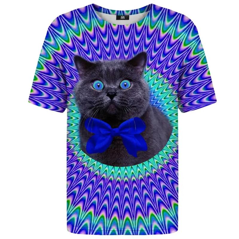 Summer Round Neck 3D Animal Cat Graphic Print Top Fashionable Casual Short Sleeved Men's T-shirts