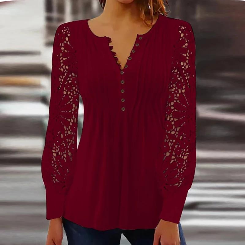 

Винтажная кружевная рубашка, женские осенние однотонные топы с длинными рукавами, женские повседневные футболки, модная свободная футболка, сексуальный пуловер 2022 5XL