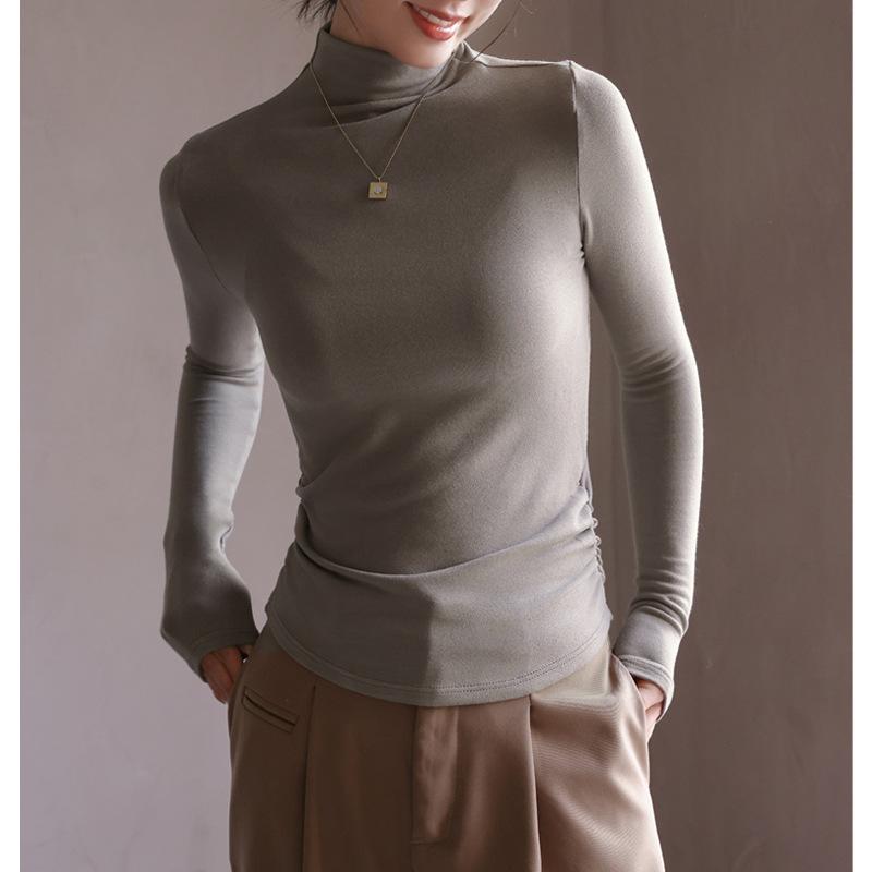 Autumn Winter Half High Collar Solid Color Bottomed Tee Women Long Sleeve All-match Bottomed Pullover Top Tee