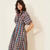 French retro plaid shirt dress women's waist and thin short-sleeved temperament college style long A-word long dress