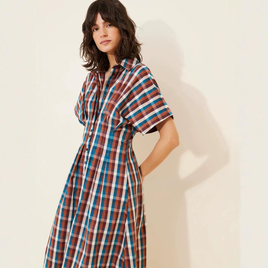 French retro plaid shirt dress women's waist and thin short-sleeved temperament college style long A-word long dress