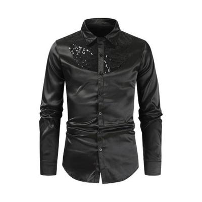 Camicia da uomo primavera autunno con paillettes, superficie liscia, monopetto, patchwork, colletto rovesciato, cardigan, maniche lunghe, per cosplay, club, feste da ballo