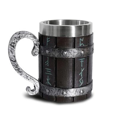Viking Wood Style Beer Mug 3D Resin Stainless Steel Coffee Cup Wine Glass Metal Double Wall Mug Beer Jug Cup Thermal
