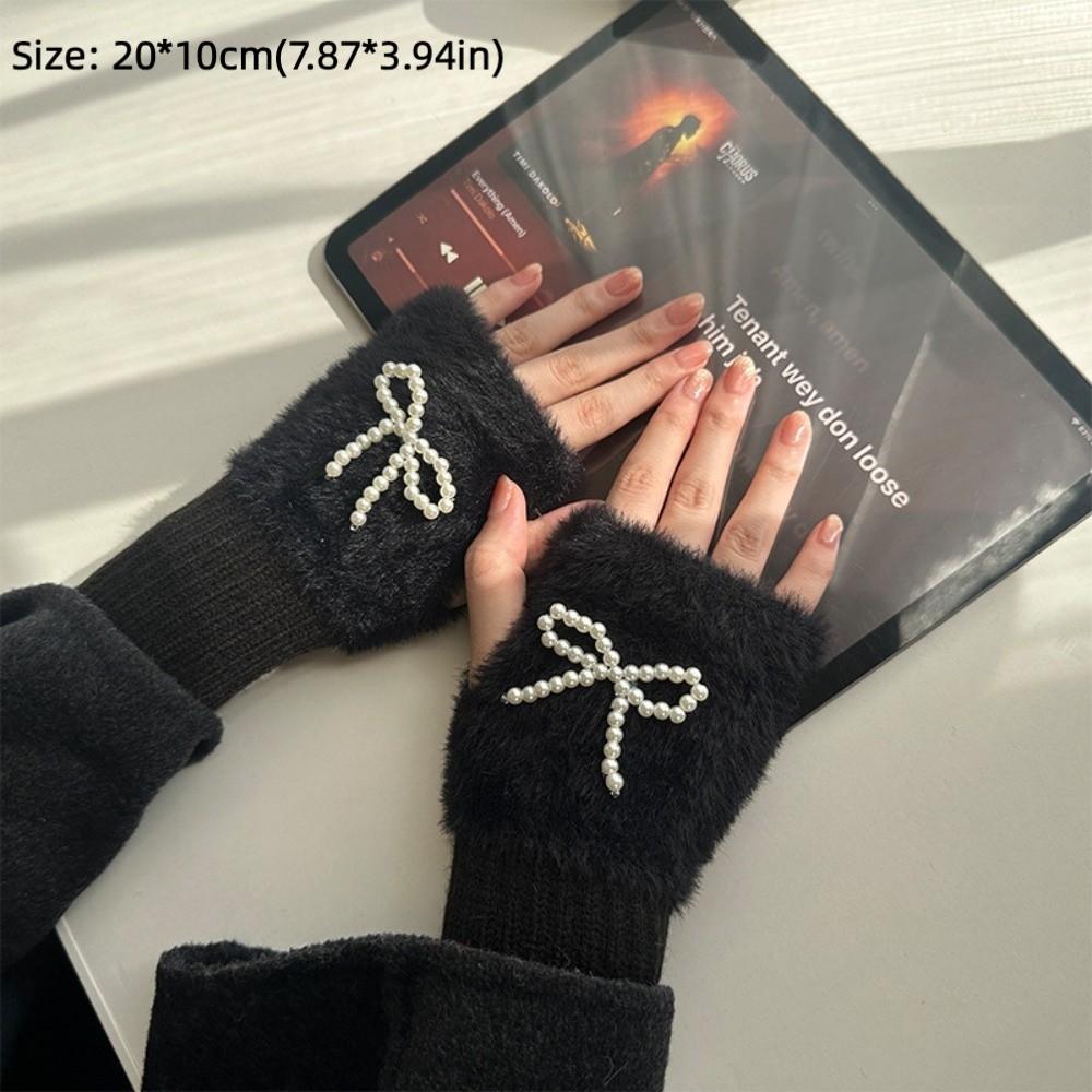 Pearl Bowknot Winter Fingerless Gloves Thickened Bow Gloves Softo= Wrist Sleeves Winter