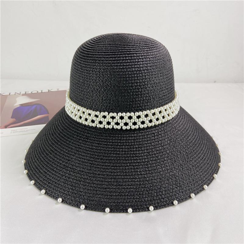 Hepburn style retro French pearl straw hat seaside vacation sun protection beach hat bucket hat big brim sun hat