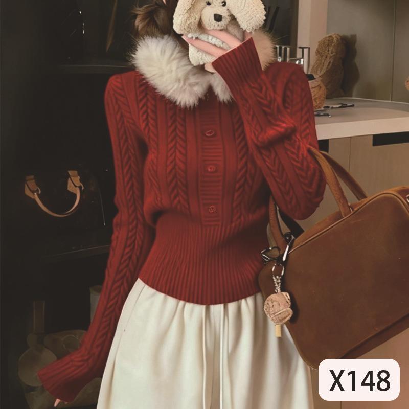 Autumn and Winter Korean Style Simple Knitted Sweater Tops Detachable Fur Collar Warm Sweater for Women