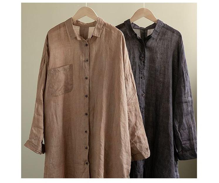 2026 Spring Women's Retro Cotton Linen Dark Pattern Mid-Length Cardigan Shirt